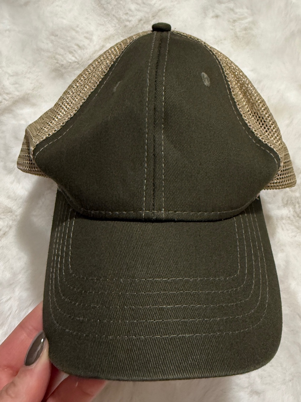 George Olive Front with Tan Mesh Trucker Hat